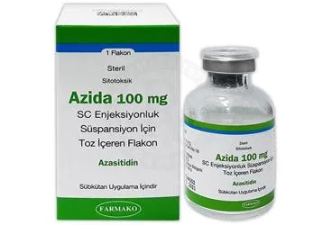 AZIDA 100 MG SC ENJEKSIYONLUK SUSPANSIYON ICIN TOZ ICEREN FLAKON kutu fotoğrafı, süspansiyon formunda azasitidine içerir. Üretici: FARMAKO ECZACILIK A.Ş.