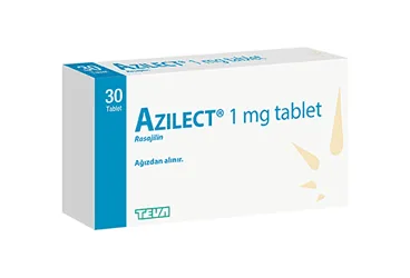 AZILECT 1 MG 100 FILM TABLET kutu fotoğrafı. Rasajilin içeren film kaplı tablet. Üretici: TEVA İLAÇLARI SANAYİ VE TİCARET A.Ş.