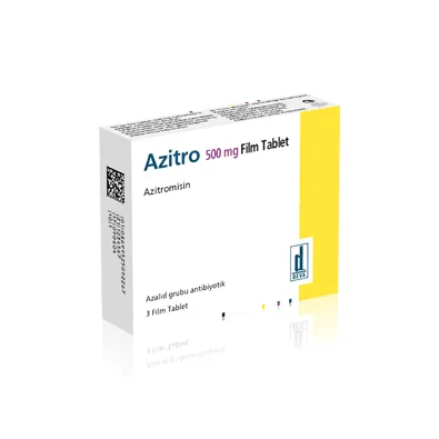 AZITRO 500 MG 3 FILM TABLET (azitromisin) kutusu, film kaplı tablet. Üretici: DEVA HOLDİNG ANONİM ŞİRKETİ.