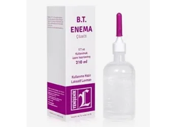 B.T.ENEMA 210 ML LAVMAN kutusu. Etkin maddesi sodyum fosfat -lavman. Üretici: YENİŞEHİR LABORATUARI TİC. VE SAN. LTD. ŞTİ.