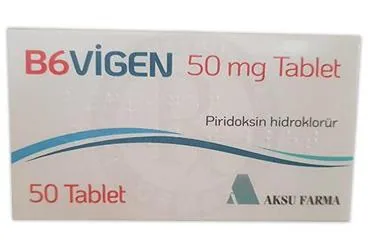 B6 VIGEN 50 MG 50 TABLET ürün ambalajı, tablet formunda vitamin b6 -pridoksin içerir. Üretici: AKSU FARMA TIBBİ ÜRÜNLER İLAÇ SAN. VE TİC. LTD. ŞTİ.