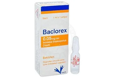 Baklofen içeren çözelti: BACLOREX 0.05 MG ML INTRATEKAL ENJEKSIYONLUK COZELTI kutusu. Üretici: VEM İLAÇ SAN. VE TİC. ANONİM ŞİRKETİ.
