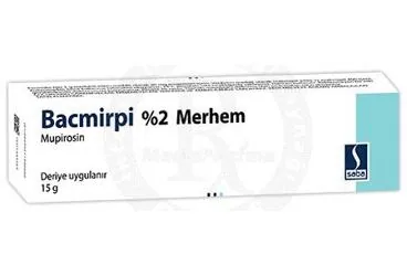 Mupirosin kalsiyum içeren merhem: BACMIRPI %2 MERHEM (15 G) ürün ambalajı. Üretici: SABA İLAÇ SANAYİİ VE TİCARET ANONİM ŞİRKETİ.