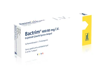 BACTRIM 400MG/80MG IV ENJ. ÇÖZ.İÇEREN AMPÜL (trimetoprim + sulfametoksazol) ürün ambalajı, ampul. Üretici: DEVA HOLDİNG ANONİM ŞİRKETİ.