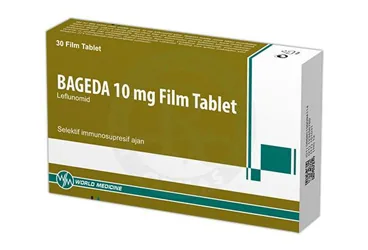 Leflunomid içeren film kaplı tablet: BAGEDA 10 MG FILM TABLET (30 TABLET) ambalajı. Üretici: WORLD MEDICINE İLAÇ SAN. VE TİC. A.Ş.