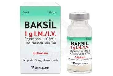 BAKSIL 1 G I.M./I.V. ENJEKSIYONLUK COZELTI HAZIRLAMAK ICIN TOZ (1 FLAKON) (sulbaktam) ürün ambalajı, çözelti. Üretici: KOÇAK FARMA İLAÇ VE KİMYA SANAYİ A.Ş.