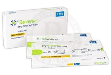 BALVERSA 3 MG FILM KAPLI TABLET (56 TABLET) kutusu. Erdafitinib içeren film kaplı tablet. Üretici: JOHNSON AND JOHNSON SIHHİ MALZEME SANAYİ VE TİCARET LİMİTED ŞİRKETİ.