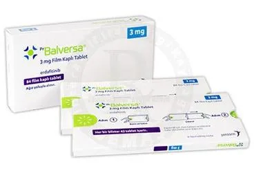 BALVERSA 3 MG FILM KAPLI TABLET (84 TABLET) kutu fotoğrafı, film kaplı tablet formunda erdafitinib içerir. Üretici: JOHNSON AND JOHNSON SIHHİ MALZEME SANAYİ VE TİCARET LİMİTED ŞİRKETİ.