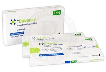 BALVERSA 4 MG FILM KAPLI TABLET (56 TABLET) kutu fotoğrafı. Erdafitinib içeren film kaplı tablet. Üretici: JOHNSON AND JOHNSON SIHHİ MALZEME SANAYİ VE TİCARET LİMİTED ŞİRKETİ.