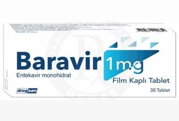 Entekavir içeren film kaplı tablet: BARAVIR 1 MG FILM KAPLI TABLET ürün ambalajı. Üretici: DROGSAN İLAÇLARI SAN. VE TİC. A.Ş.