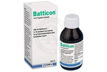 BATTICON %10 TOPIKAL COZELTI (100 ML) (povidon iyot) ambalajı, çözelti. Üretici: ADEKA İLAÇ SANAYİ VE TİCARET A.Ş.