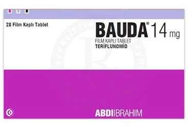 BAUDA 14 MG FILM KAPLI TABLET (28 TABLET) ürün ambalajı. Teriflunomid içeren film kaplı tablet. Üretici: ABDİ İBRAHİM İLAÇ SANAYİ VE TİCARET A.Ş.