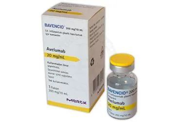 Avelumab içeren çözelti: BAVENCIO 200 MG/10ML IV INFUZYONLUK COZELTI HAZIRLAMAK ICIN KONSANTRE ürün ambalajı. Üretici: MERCK İLAÇ ECZA VE KİMYA TİC. A.Ş.