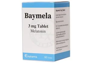BAYMELA 3 MG TABLET (60 TABLET) ambalajı, tablet formunda melatonin içerir. Üretici: EMPHARMA İLAÇ LİMİTED ŞİRKETİ.