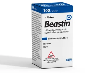 BEASTIN 100 MG IV INFUZYON ICIN LIYOFILIZE TOZ ICEREN FLAKON ambalajı, flakon formunda bendamustin içerir. Üretici: BİEM İLAÇ SAN. VE TİC. A.Ş.