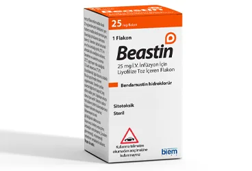 BEASTIN 25 MG IV INFUZYON ICIN LIYOFILIZE TOZ ICEREN FLAKON ürün ambalajı, flakon formunda bendamustin içerir. Üretici: BİEM İLAÇ SAN. VE TİC. A.Ş.