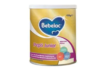 Beslenme solusyonu içeren BEBELAC PEPTI JUNIOR 450 G ürün ambalajı. Üretici: NUMIL GIDA ÜRÜNLERİ SANAYİ VE TİCARET A.Ş.