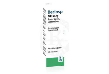 BECLOSP 100 MCG BURUN SPREYI, SÜSPANSIYON (120 DOZ) kutusu. Beklometazon dipropiyonat -nazal içeren nazal sprey. Üretici: DEVA HOLDİNG ANONİM ŞİRKETİ.
