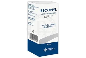 Terbutalin kombinasyon içeren şurup: BECONYL 1,5 MG + 66,5 MG/ 5 ML SURUP (100 ML) ürün ambalajı. Üretici: ABAYPHARMA SAĞLIK ÜRÜNLERİ SAN. TİC. A.Ş.