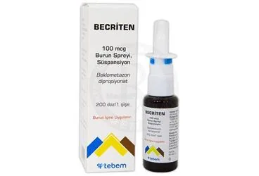 BECRITEN 100 MCG BURUN SPREYI, SUSPANSIYON (200 DOZ) ambalajı, nazal sprey formunda beklometazon dipropiyonat -nazal içerir. Üretici: TEBEM İLAÇ SANAYİ TURİZM VE TİCARET ANONİM ŞİRKETİ.