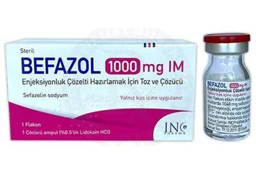 Sefazolin sodyum içeren çözelti: BEFAZOL 1000 MG IM ENJEKSIYONLUK COZELTI HAZIRLAMAK ICIN TOZ VE COZUCU ambalajı. Üretici: INCPHARMA İLAÇ SAN. VE TİC. LTD. ŞTİ.