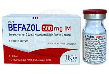 BEFAZOL 500 MG IM ENJEKSIYONLUK COZELTI HAZIRLAMAK ICIN TOZ VE COZUCU ambalajı. Sefazolin sodyum içeren çözelti. Üretici: INCPHARMA İLAÇ SAN. VE TİC. LTD. ŞTİ.