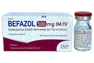 BEFAZOL 500 MG IM/IV ENJEKSIYONLUK COZELTI HAZIRLAMAK ICIN TOZ VE COZUCU ambalajı. Sefazolin sodyum içeren çözelti. Üretici: INCPHARMA İLAÇ SAN. VE TİC. LTD. ŞTİ.