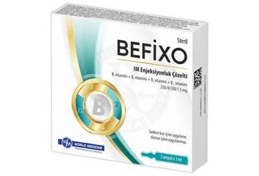 Vitamin b1 ve b2 veya b6 veya b12 içeren çözelti: BEFIXO IM ENJEKSIYONLUK COZELTI (5 AMPUL) kutu fotoğrafı. Üretici: WORLD MEDICINE İLAÇ SAN. VE TİC. A.Ş.