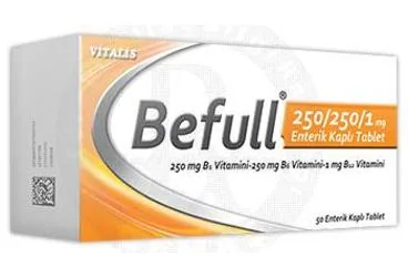 BEFULL 250/250/1 MG 50 ENTERIK KAPLI TABLET ürün ambalajı. Vitamin b1 ve b2 veya b6 veya b12 içeren tablet. Üretici: CELTİS İLAÇ SANAYİ VE TİCARET ANONİM ŞİRKETİ.