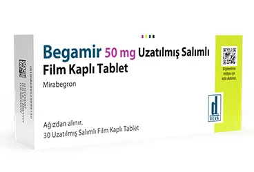 Mirabegron içeren film kaplı tablet: BEGAMIR 50 MG UZATILMIS SALIMLI 30 FILM TABLET ambalajı. Üretici: DEVA HOLDİNG ANONİM ŞİRKETİ.