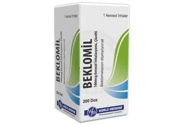 BEKLOMIL 100 MCG AEROSOL INHALASYONU, COZELTI (200 DOZ) kutu fotoğrafı, inhalasyon aerosolü formunda beklometazon dipropiyonat içerir. Üretici: WORLD MEDICINE İLAÇ SAN. VE TİC. A.Ş.