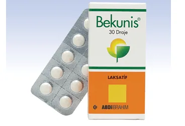 BEKUNIS 3 MG/5 MG KAPLI TABLET (sennosid) ambalajı, tablet. Üretici: ABDİ İBRAHİM İLAÇ SANAYİ VE TİCARET A.Ş.