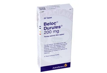 BELOC DURULES 200 MG 20 YAVAS SALIMLI FILM TABLET kutusu, film kaplı tablet formunda metoprolol içerir. Üretici: ASTRAZENECA İLAÇ SAN.VE TİC.LTD.ŞTİ.