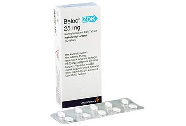 Metoprolol içeren film kaplı tablet: BELOC ZOK 25 MG 20 KONT.SAL.FILM TABLETI ürün ambalajı. Üretici: ASTRAZENECA İLAÇ SAN.VE TİC.LTD.ŞTİ.