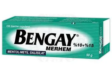 BEN-GAY %10+%15 MERHEM (50 GR) (metil salisilat kombinasyonları -topikal) ürün ambalajı, merhem. Üretici: JOHNSON AND JOHNSON SIHHİ MALZEME SANAYİ VE TİCARET LİMİTED ŞİRKETİ.