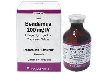 BENDAMUS 100 MG IV INFUZYON ICIN LIYOFILIZE TOZ ICEREN FLAKON kutusu. Bendamustin içeren flakon. Üretici: KOÇAK FARMA İLAÇ VE KİMYA SANAYİ A.Ş.