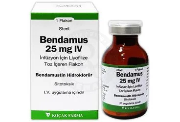 BENDAMUS 25 MG IV INFUZYON ICIN LIYOFILIZE TOZ ICEREN FLAKON (bendamustin) ürün ambalajı, flakon. Üretici: KOÇAK FARMA İLAÇ VE KİMYA SANAYİ A.Ş.