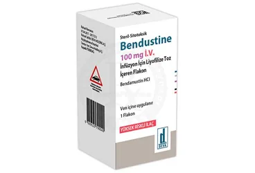 BENDUSTINE 100 MG IV INFUZYON ICIN LIYOFILIZE TOZ ICEREN FLAKON (bendamustin) ürün ambalajı, flakon. Üretici: DEVA HOLDİNG ANONİM ŞİRKETİ.