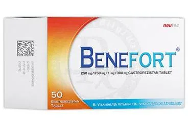 Vitamin b1 ve b2 veya b6 veya b12 içeren tablet: BENEFORT 250 MG/250 MG/1 MG/300 MG GASTROREZISTAN TABLET (50 TABLET) ambalajı. Üretici: NEUTEC İLAÇ SANAYİ TİCARET ANONİM ŞİRKETİ.
