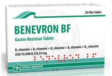 BENEVRON BF GASTRO REZISTAN TABLET ambalajı. Mültivitamin içeren tablet. Üretici: WORLD MEDICINE İLAÇ SAN. VE TİC. A.Ş.