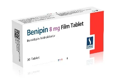 BENIPIN 8 MG 30 FİLM TABLET (benidipin hidroklorid) kutu fotoğrafı, film kaplı tablet. Üretici: SABA İLAÇ SANAYİİ VE TİCARET ANONİM ŞİRKETİ.
