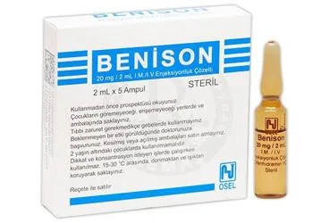 Difenhidramin içeren ampul: BENISON 20 MG 2 ML 5 AMPUL kutu fotoğrafı. Üretici: OSEL İLAÇ SANAYİ VE TİCARET ANONİM ŞİRKETİ.