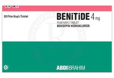 Benidipin hidroklorid içeren film kaplı tablet: BENITIDE 4 MG FILM KAPLI TABLET (30 ADET) ürün ambalajı. Üretici: ABDİ İBRAHİM İLAÇ SANAYİ VE TİCARET A.Ş.