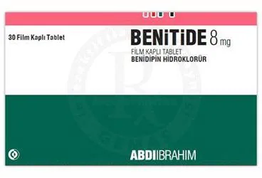 BENITIDE 8 MG FILM KAPLI TABLET (30 ADET) ambalajı, film kaplı tablet formunda benidipin hidroklorid içerir. Üretici: ABDİ İBRAHİM İLAÇ SANAYİ VE TİCARET A.Ş.