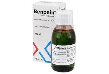BENPAIN 1,5 MG/ML GARGARA (120 ML) ürün ambalajı. Etkin maddesi benzidamin kombinasyonları -oral. Üretici: AVİXA İLAÇ SANAYİ VE TİCARET ANONİM ŞİRKETİ.