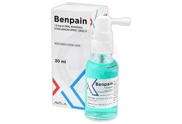 BENPAIN 1,5 MG/ML ORAL MUKOZAYA UYGULANACAK SPREY, COZELTI (30 ML) ürün ambalajı. Benzidamin kombinasyonları -oral içeren çözelti. Üretici: AVİXA İLAÇ SANAYİ VE TİCARET ANONİM ŞİRKETİ.
