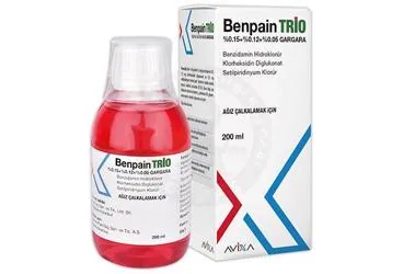 BENPAIN TRIO %0,15 + %0,12 + %0,05 GARGARA (200 ML) kutusu. Etkin maddesi benzidamin kombinasyonları -oral. Üretici: AVİXA İLAÇ SANAYİ VE TİCARET ANONİM ŞİRKETİ.