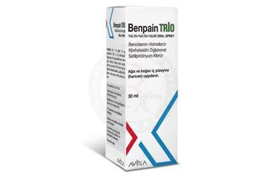 BENPAIN TRIO %0,15 + %0,12 + %0,05 ORAL SPREY (30 ML) kutusu, sprey formunda benzidamin kombinasyonları -oral içerir. Üretici: AVİXA İLAÇ SANAYİ VE TİCARET ANONİM ŞİRKETİ.