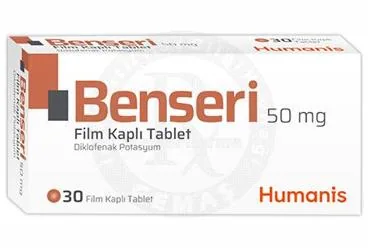 BENSERI 50 MG FILM KAPLI TABLET (30 TABLET) kutusu, film kaplı tablet formunda diklofenak içerir. Üretici: HUMANİS SAĞLIK ANONİM ŞİRKETİ.
