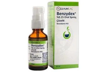 BENZYDEX %0,15 SPREY, COZELTI (1 SISE, 30 ML) ambalajı. Benzidamin kombinasyonları -oral içeren çözelti. Üretici: LİLYUM İLAÇ VE KİMYA SANAYİ TİCARET ANONİM ŞİRKETİ.